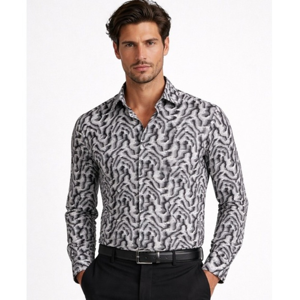 David Naman Button Up Shirt Mens Medium Black White‎ Abstract Print Long Sleeve